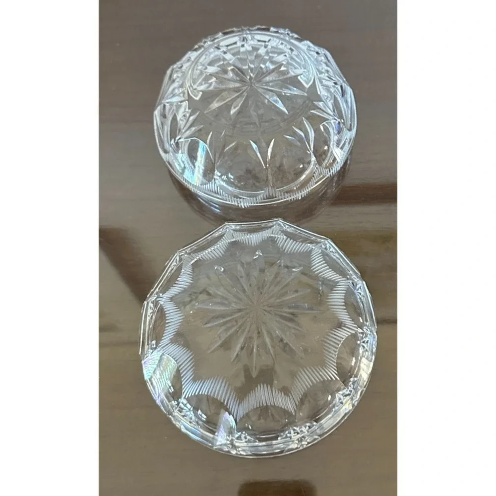 Vintage Cut Crystal Trinket Box Lidded Clear Glass Round Vanity Decor Dish 5x3.5